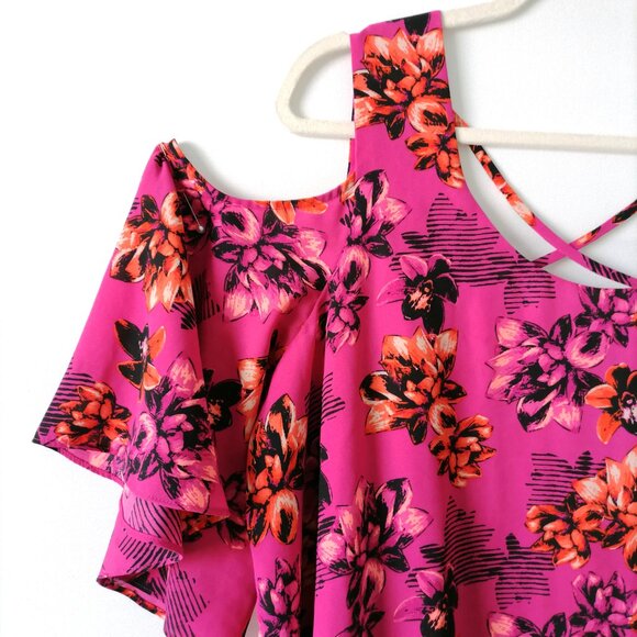 APT.9 Women Pink Cold Shoulder Sleeve Scoop Neck Floral Blouse Top Size XLarge - Picture 4 of 8